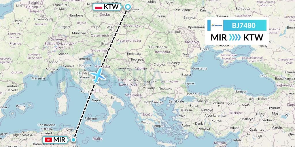 BJ7480 Nouvelair Tunisie Flight Map: Monastir to Katowice