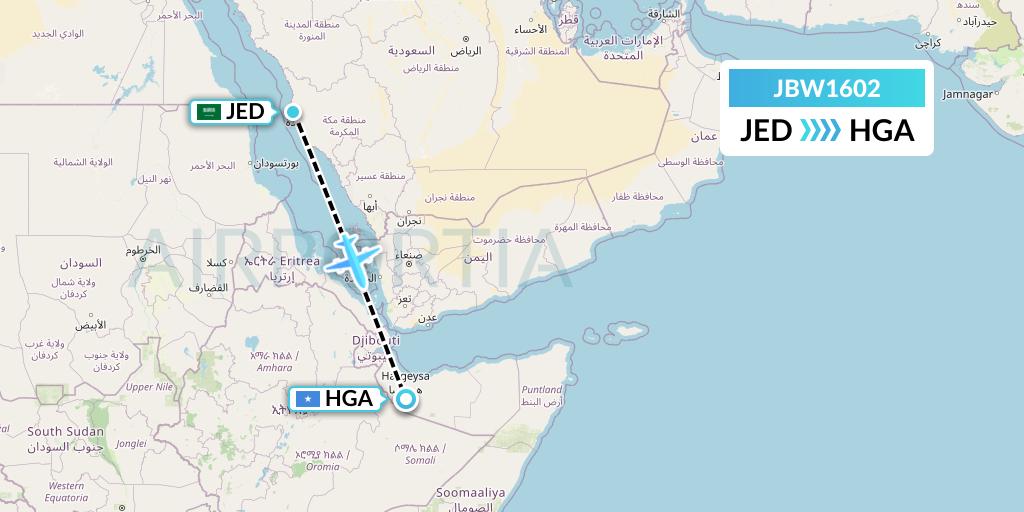 JBW1602 Jubba Airways Flight Map: Jeddah to Hargeisa