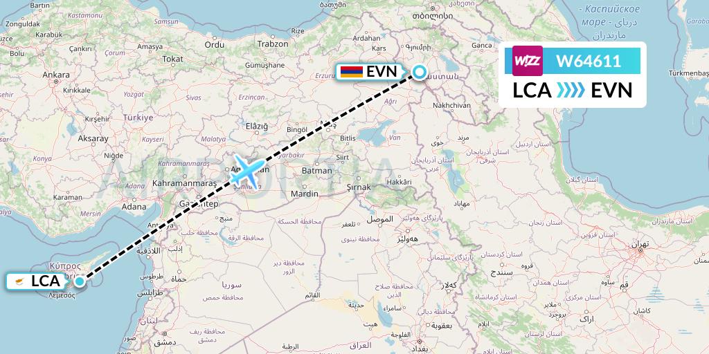 W64611 Wizz Air Flight Map: Larnaca to Yerevan
