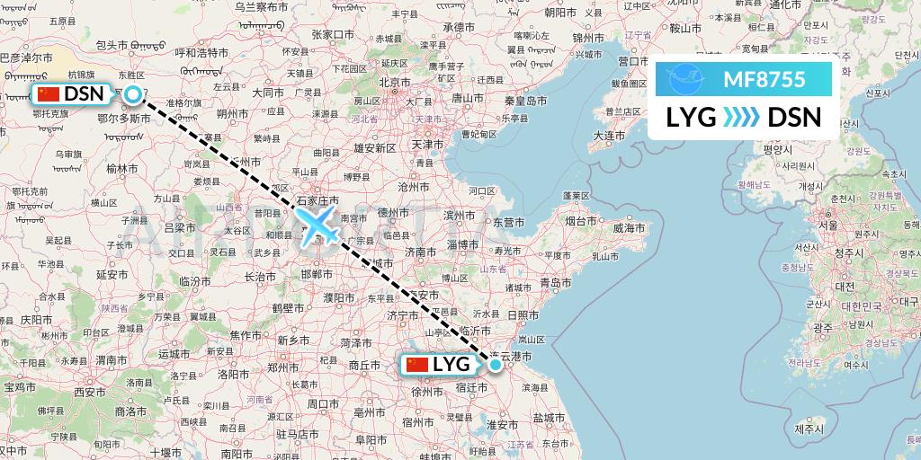 MF8755 Xiamen Airlines Flight Map: Lianyungang to Dongsheng