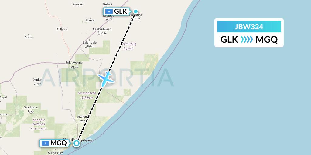 JBW324 Jubba Airways Flight Map: Galcaio to Mogadishu