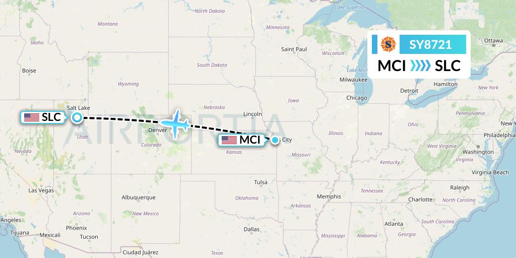 SY8721 Sun Country Airlines Flight Map: Kansas City to Salt Lake City