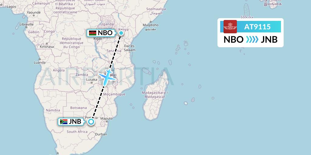 AT9115 Royal Air Maroc Flight Map: Nairobi to Johannesburg