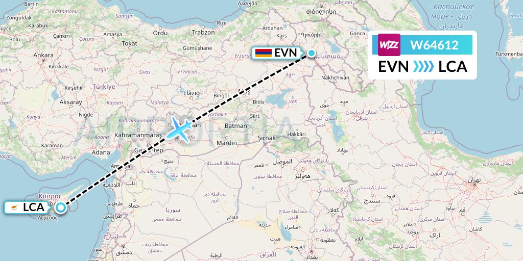 W64612 Wizz Air Flight Map: Yerevan to Larnaca