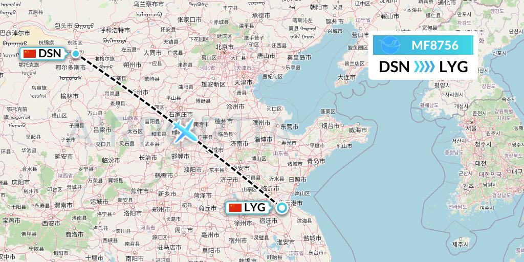 MF8756 Xiamen Airlines Flight Map: Dongsheng to Lianyungang