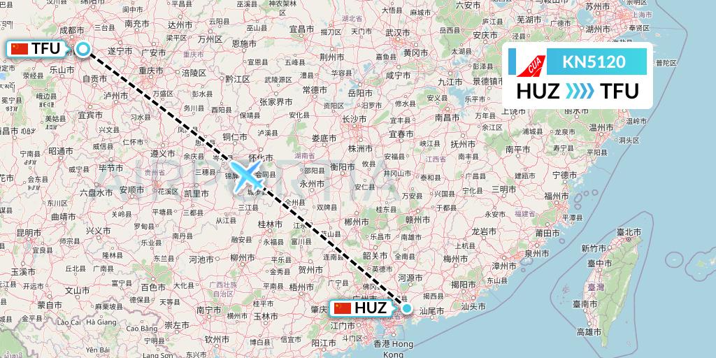 KN5120 China United Airlines Flight Map: Huizhou to Chengdu