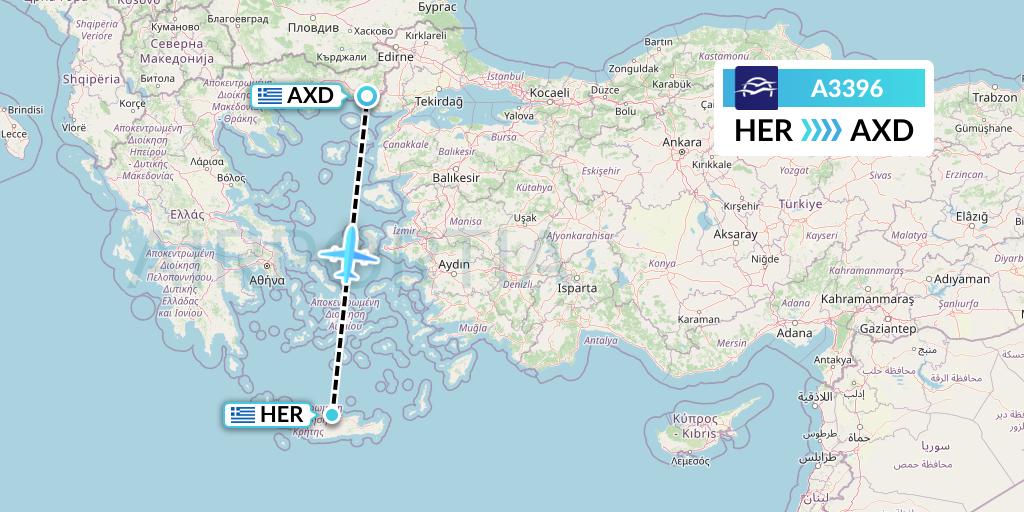 A3396 Aegean Airlines Flight Map: Heraklion to Alexandroupolis