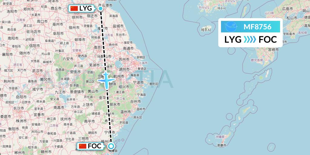 MF8756 Xiamen Airlines Flight Map: Lianyungang to Fuzhou