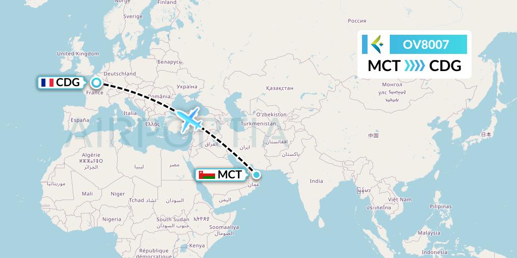 OV8007 SalamAir Flight Map: Muscat to Paris