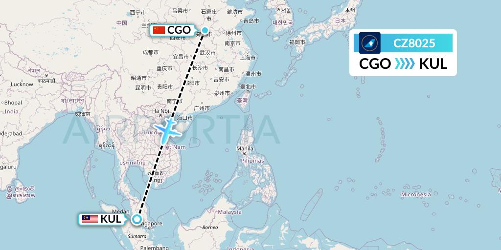 CZ8025 China Southern Airlines Flight Map: Zhengzhou to Kuala Lumpur