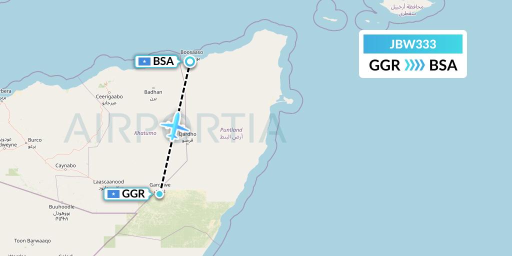 JBW333 Jubba Airways Flight Map: Garoe to Bosaso