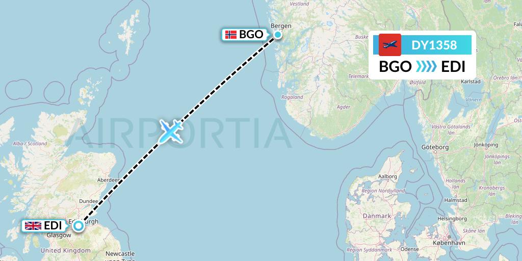 DY1358 Norwegian Flight Map: Bergen to Edinburgh