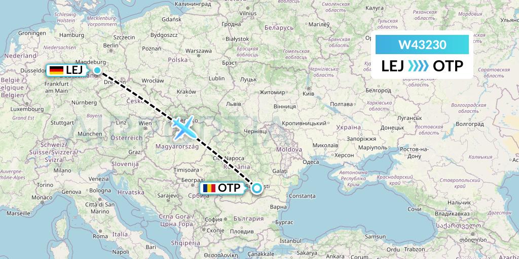W43230 Wizz Air Malta Flight Map: Leipzig to Bucharest