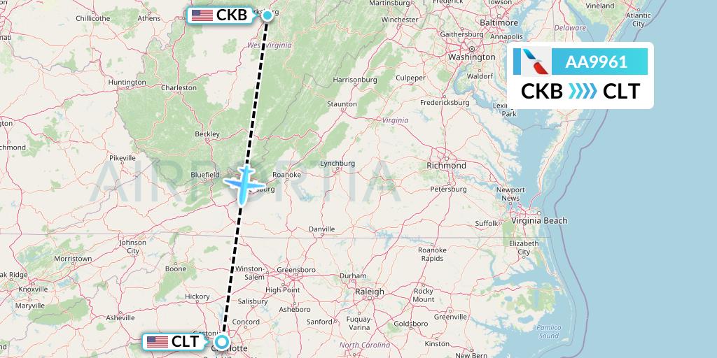AA9961 American Airlines Flight Map: Clarksburg to Charlotte