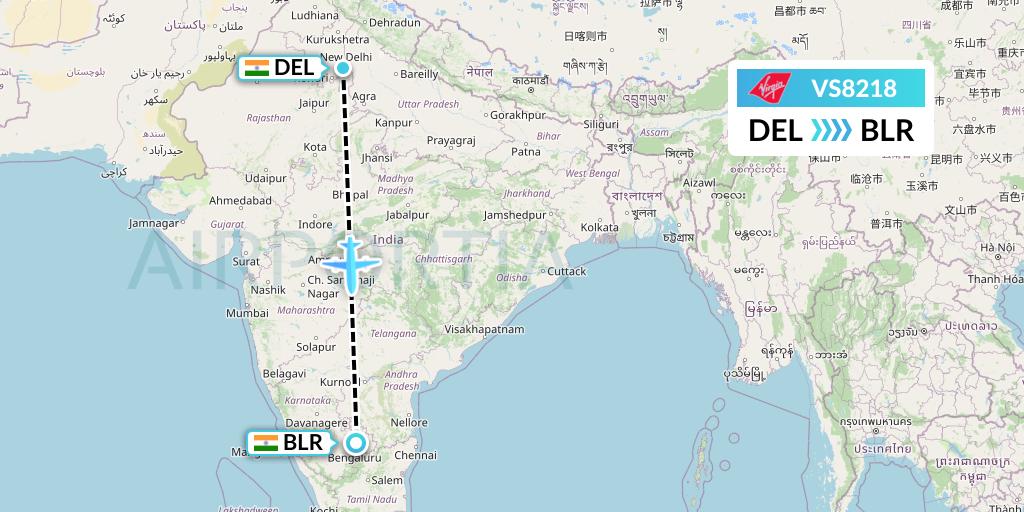 VS8218 Virgin Atlantic Airways Flight Map: Delhi to Bangalore