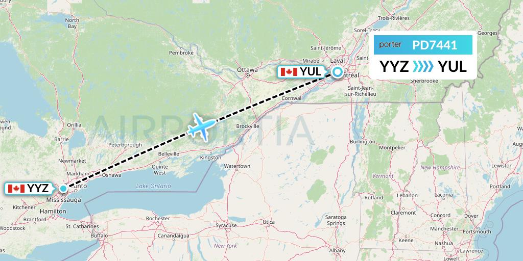 PD7441 Porter Airlines Flight Map: Toronto to Montreal