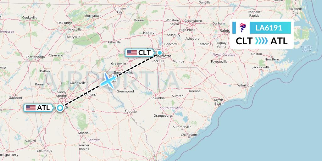 LA6191 LAN Airlines Flight Map: Charlotte to Atlanta