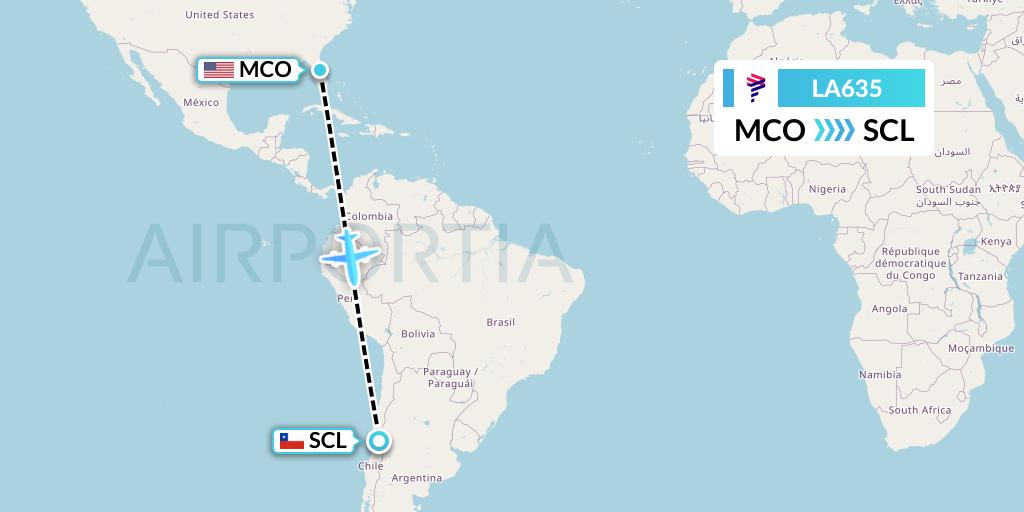 LA635 LAN Airlines Flight Map: Orlando to Santiago