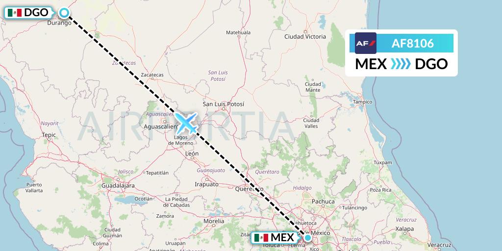 AF8106 Air France Flight Map: Mexico City to Durango