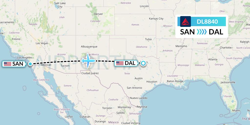 DL8840 Delta Air Lines Flight Map: San Diego to Dallas