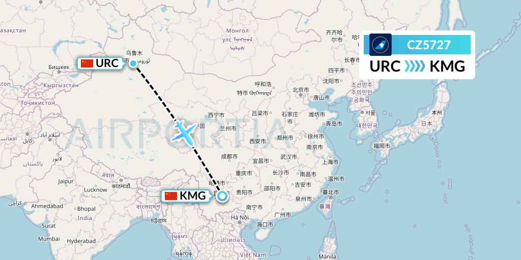 CZ5727 China Southern Airlines Flight Map: Urumqi to Kunming