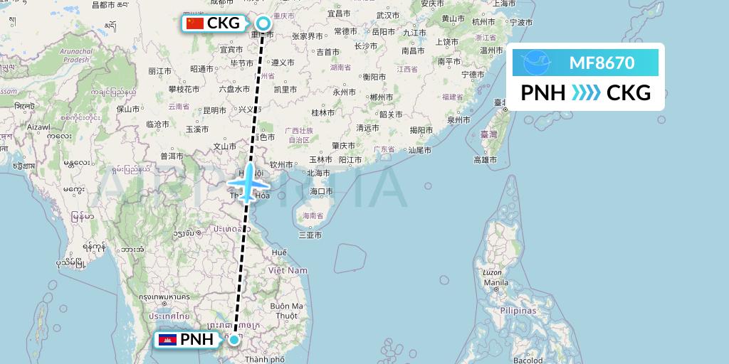 MF8670 Xiamen Airlines Flight Map: Phnom Penh to Chongqing