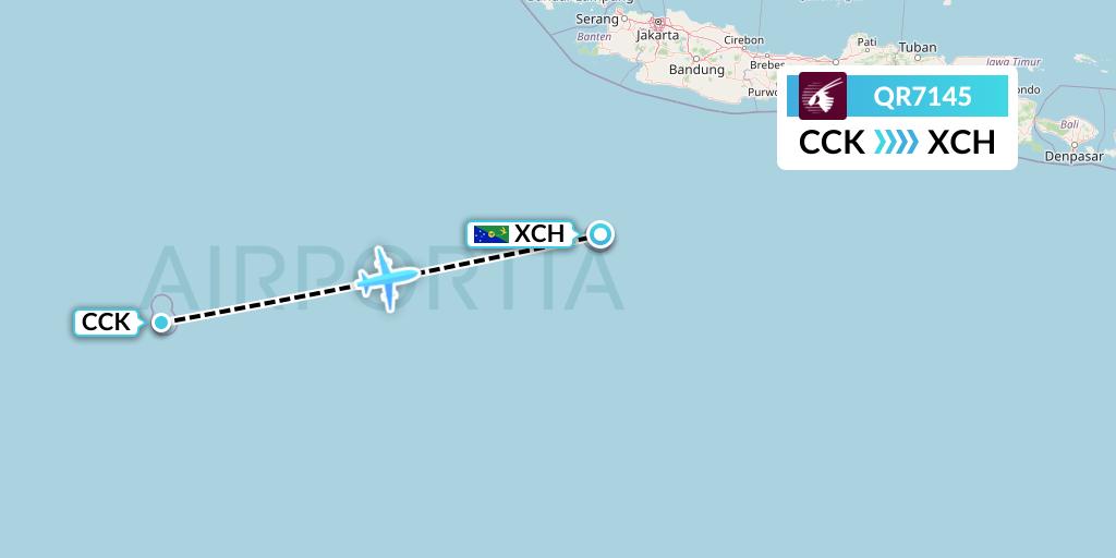 QR7145 Qatar Airways Flight Map: Cocos Islands to Christmas Island