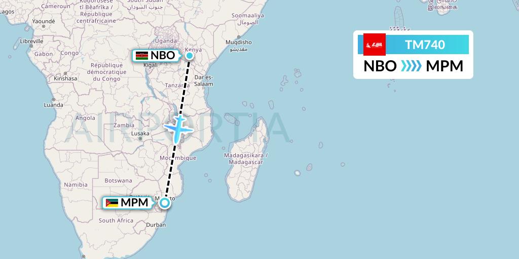 TM740 LAM Mozambique Airlines Flight Map: Nairobi to Maputo