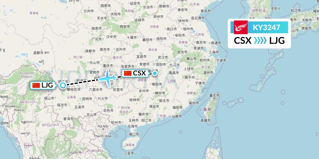 KY3247 Kunming Airlines Flight Map: Changsha to Lijiang