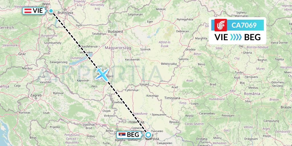CA7069 Air China Flight Map: Vienna to Belgrade