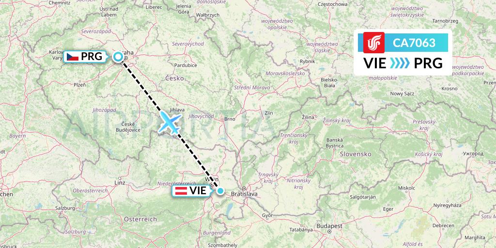 CA7063 Air China Flight Map: Vienna to Prague