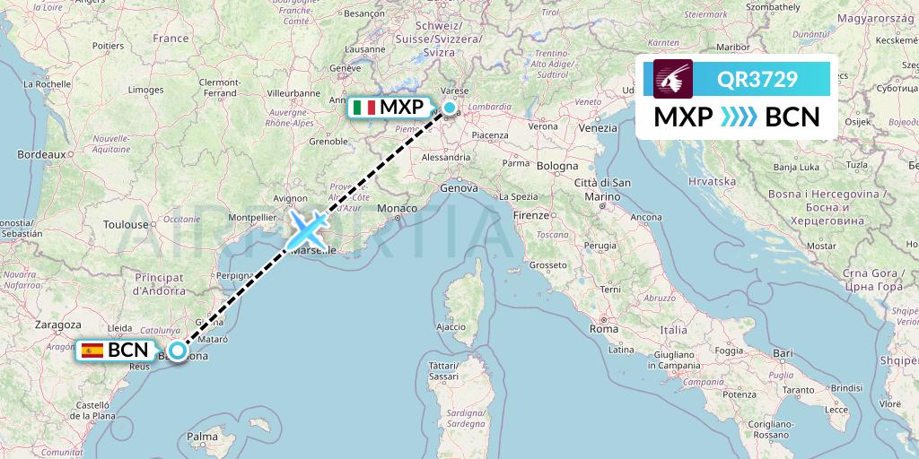 QR3729 Qatar Airways Flight Map: Milan to Barcelona