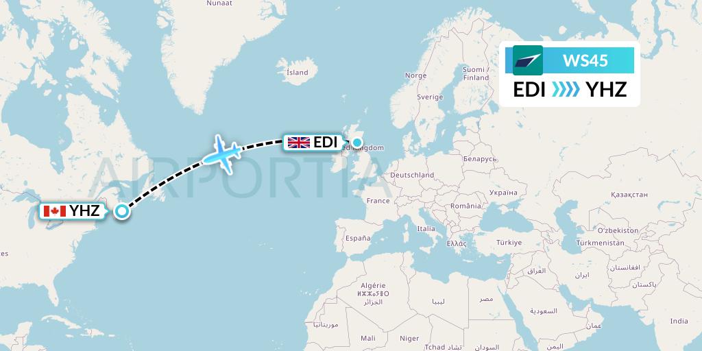 WS45 WestJet Flight Map: Edinburgh to Halifax