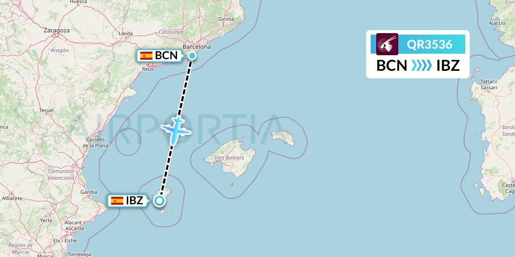 QR3536 Qatar Airways Flight Map: Barcelona to Ibiza