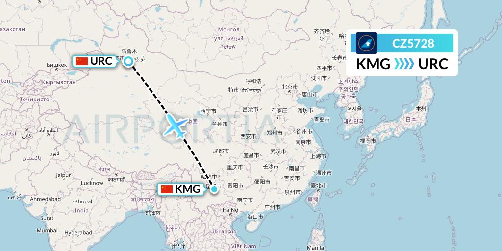 CZ5728 China Southern Airlines Flight Map: Kunming to Urumqi