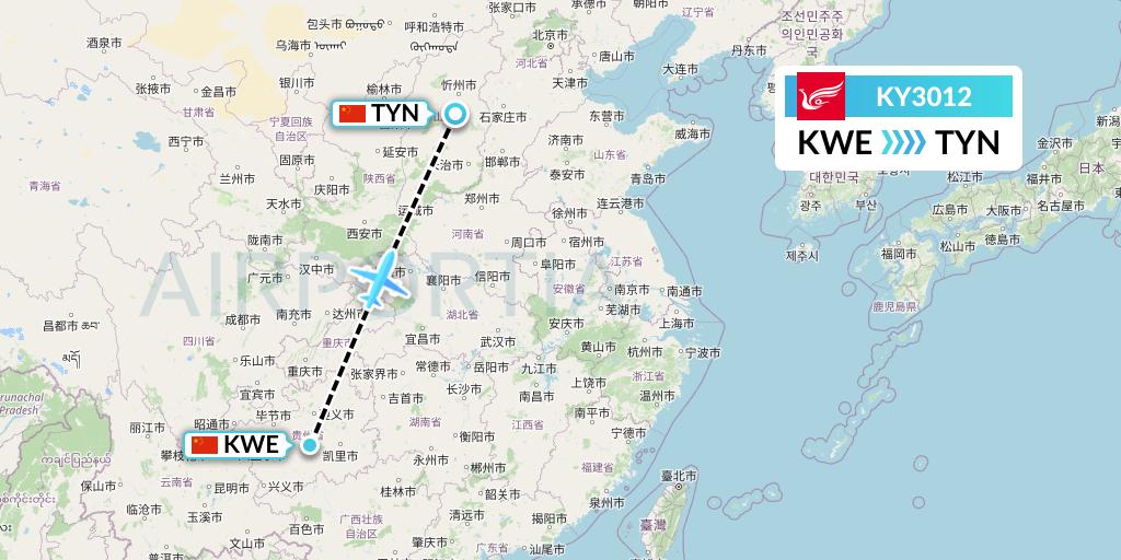 KY3012 Kunming Airlines Flight Map: Guiyang to Taiyuan