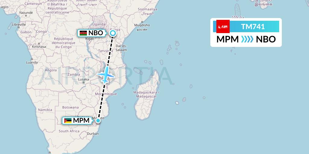 TM741 LAM Mozambique Airlines Flight Map: Maputo to Nairobi
