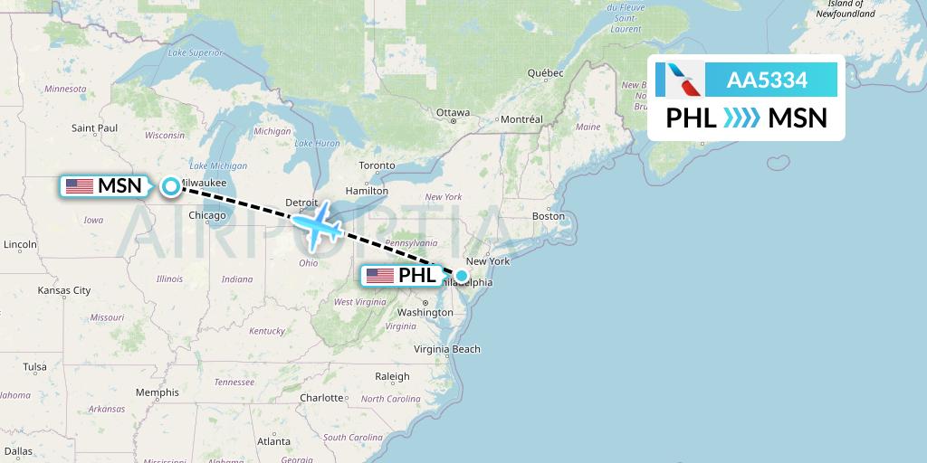 AA5334 American Airlines Flight Map: Philadelphia to Madison