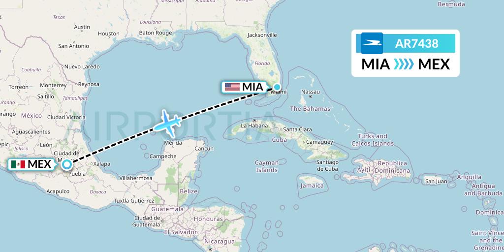 AR7438 Aerolineas Argentinas Flight Map: Miami to Mexico City