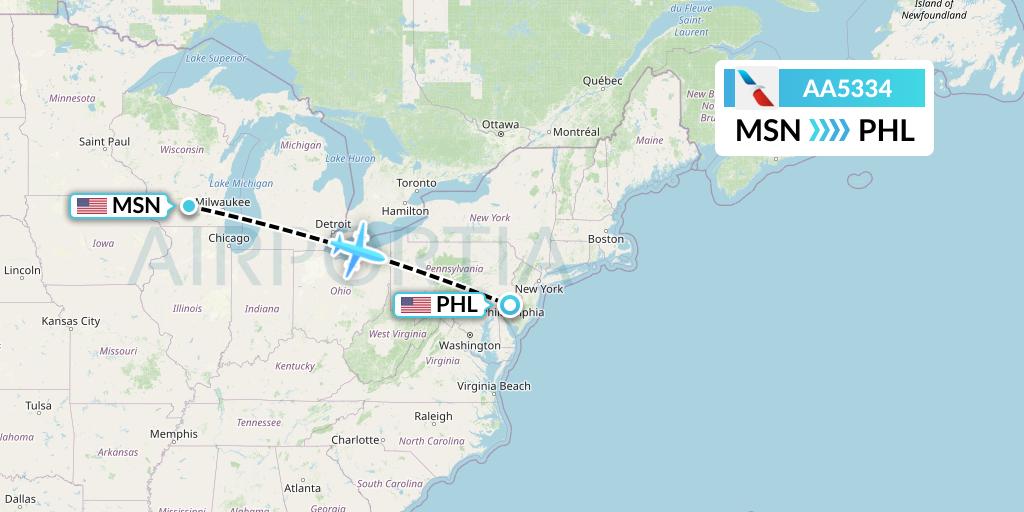 AA5334 American Airlines Flight Map: Madison to Philadelphia