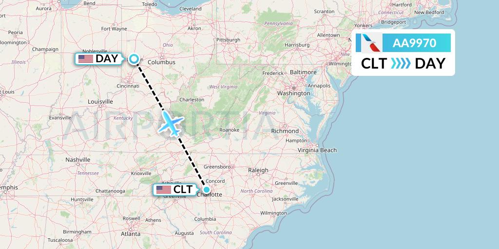 AA9970 American Airlines Flight Map: Charlotte to Dayton