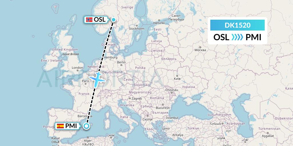 DK1520 Thomas Cook Airlines Scandinavia Flight Map: Oslo to Palma de Mallorca