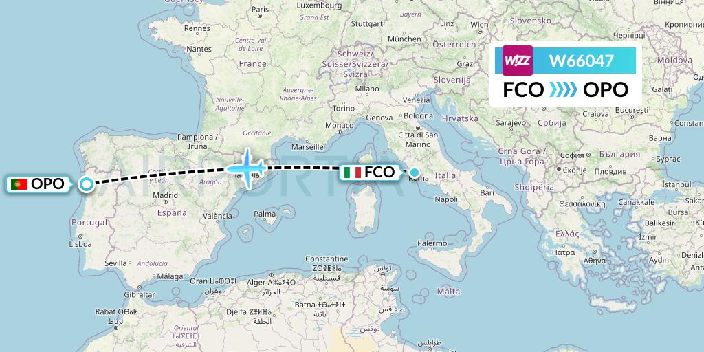 W66047 Wizz Air Flight Map: Rome to Porto