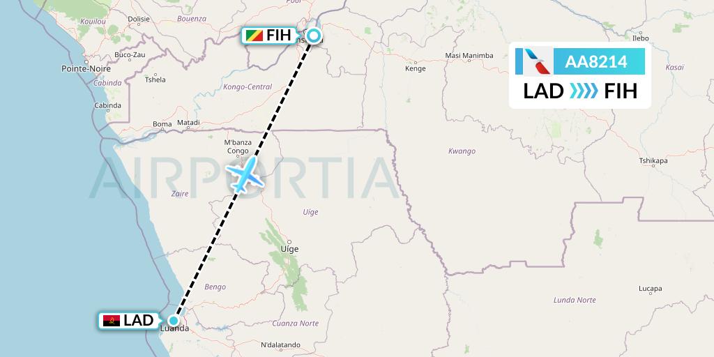 AA8214 American Airlines Flight Map: Luanda to Kinshasa