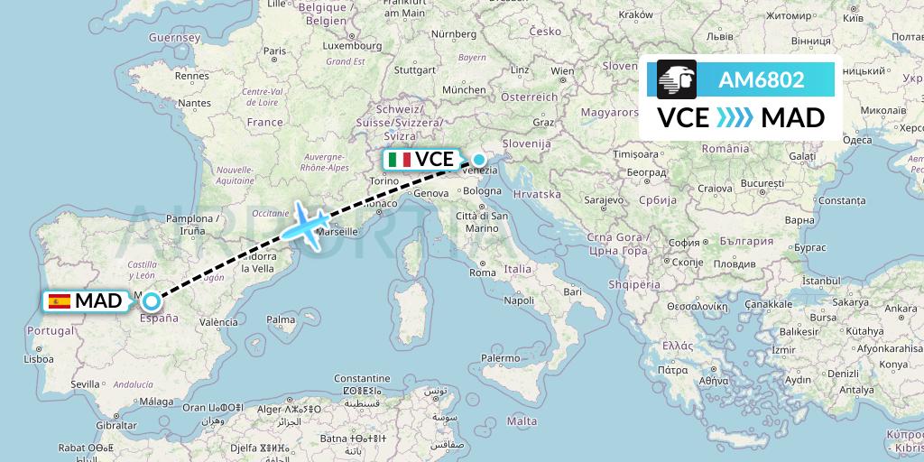AM6802 Aeromexico Flight Map: Venice to Madrid