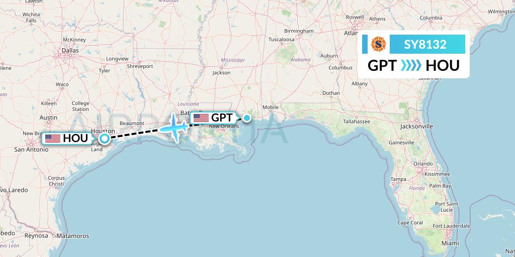 SY8132 Sun Country Airlines Flight Map: Gulfport to Houston
