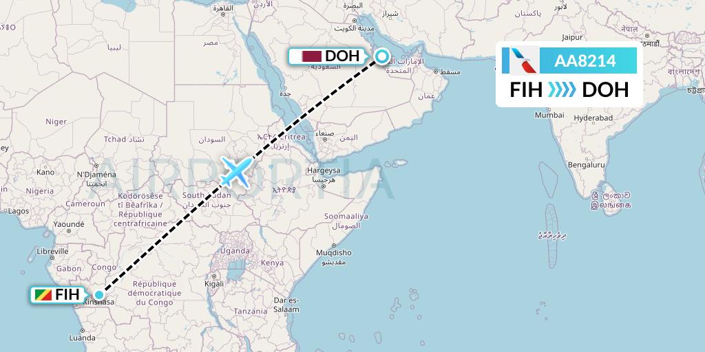 AA8214 American Airlines Flight Map: Kinshasa to Doha