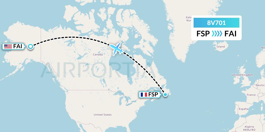 8V701 Wright Air Service Flight Map: Saint-Pierre to Fairbanks