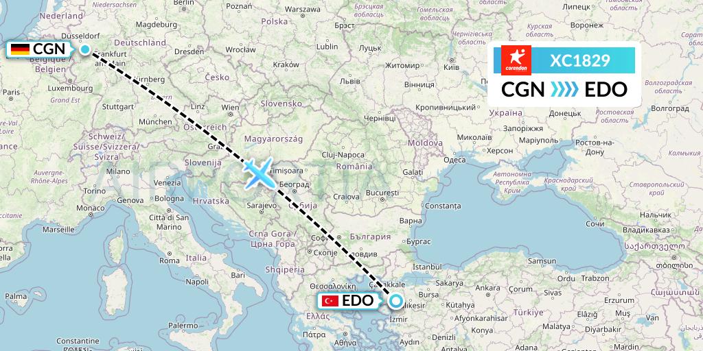 XC1829 Corendon Airlines Flight Map: Cologne to Edremit