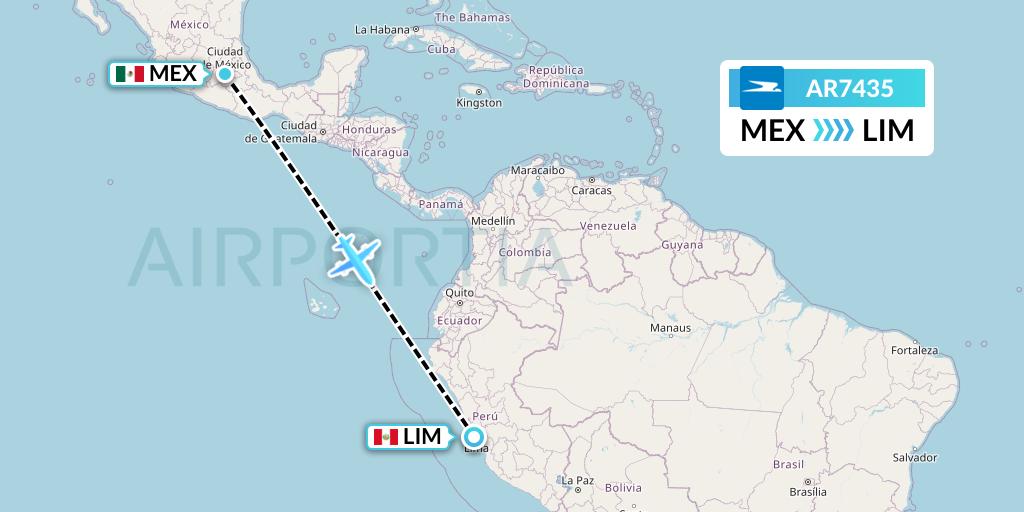 AR7435 Aerolineas Argentinas Flight Map: Mexico City to Lima